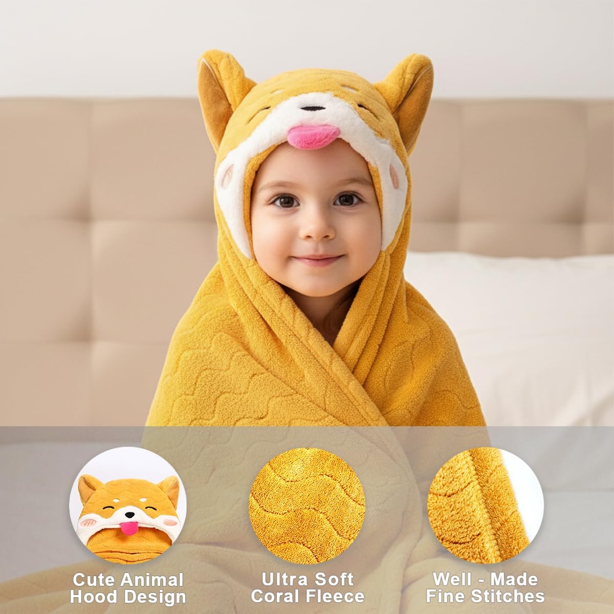 NOOVIA Premium Baby Hooded Towel for Toddler Kids 1-7 Years, Thick Soft Absorbent Bath Towel with Hood for Boys Girls, Large 27x55 inches, Orange Dog Animal Design