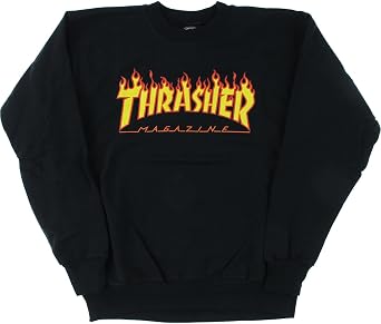 Thrasher Skateboard Magazine Crewneck Sweatshirt Flame Logo Skate Sweatshirt - Black, Size Medium