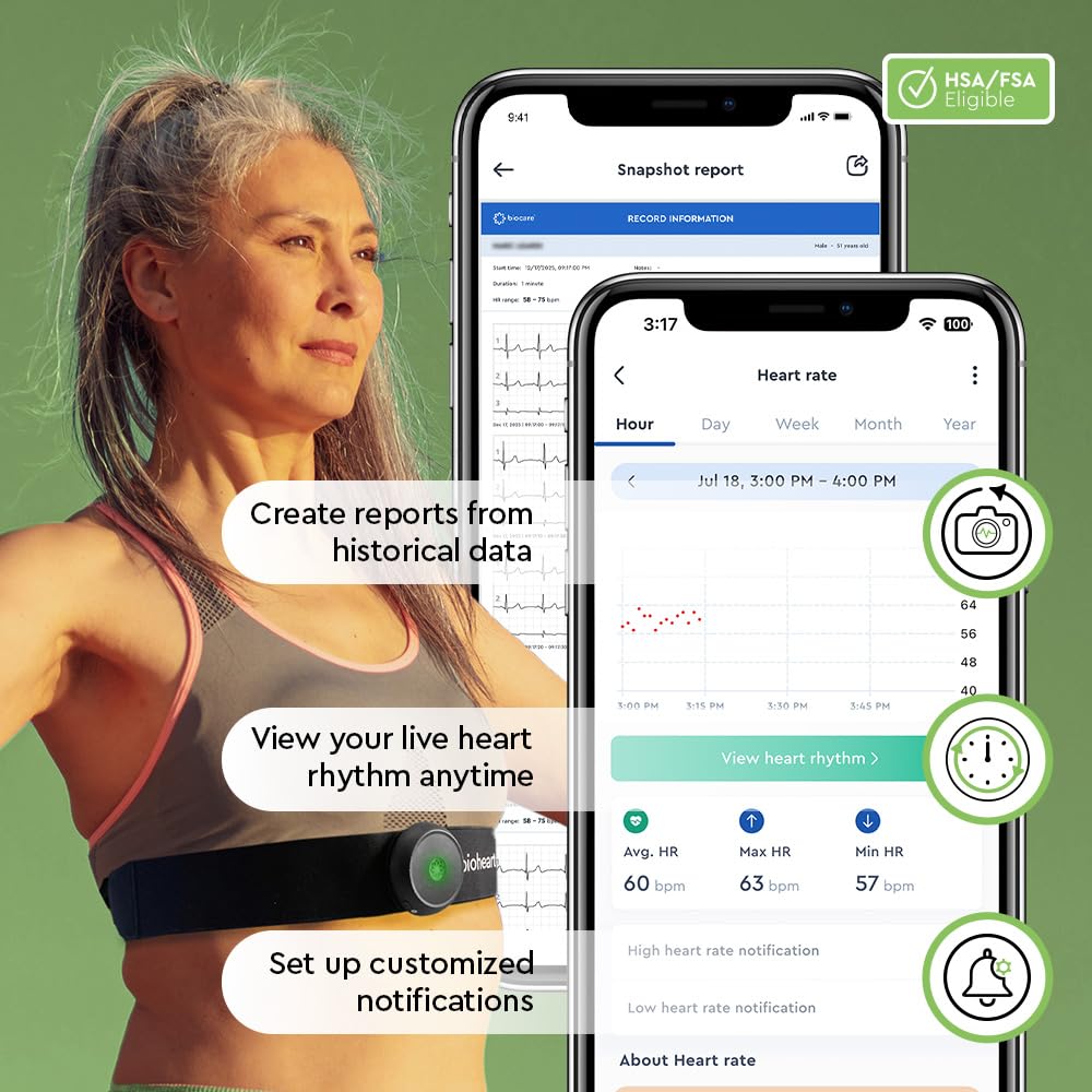 Bioheart - Cardiofrequenzimetro Bluetooth | Monitoraggio continuo della frequenza cardiaca | Fascia toracica Dispositivo mobile per la frequenza cardiaca | Abbonamento di un anno incluso