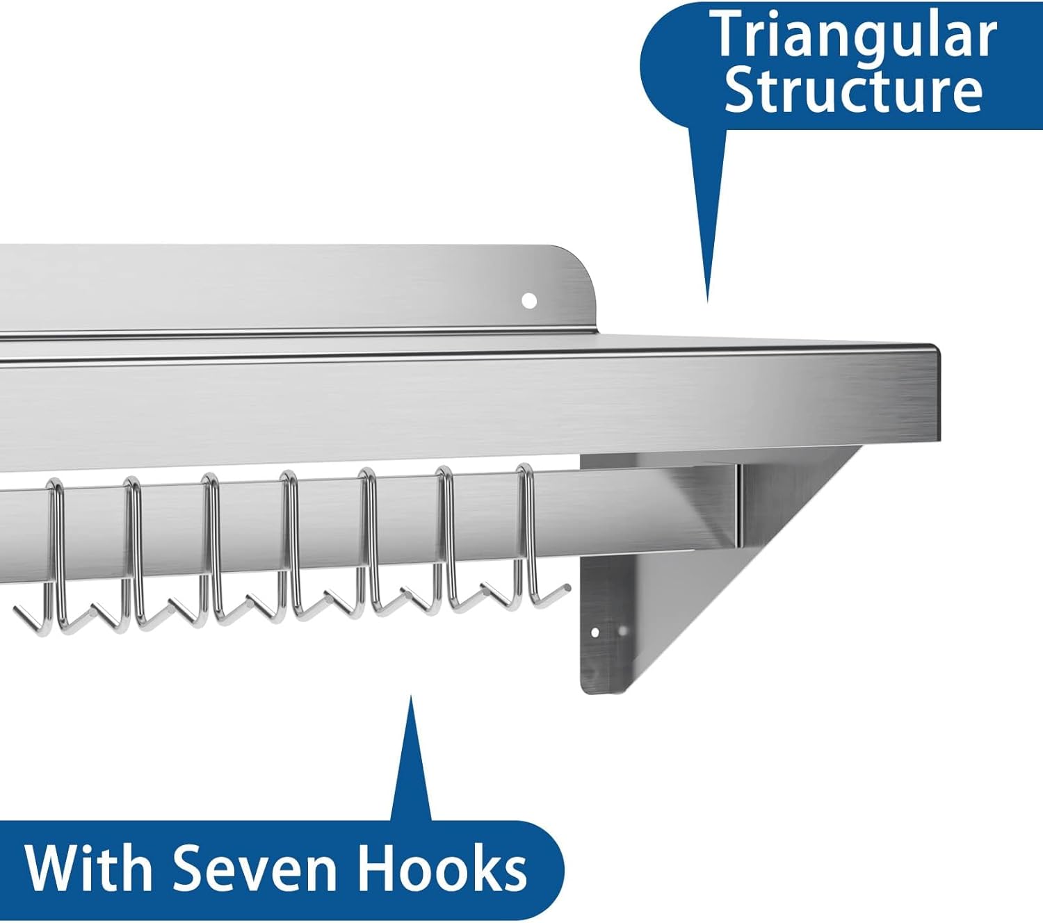 Stainless Steel Shelf Wall Mounted, NSF Commercial Wall Shelf, Floating Shelving for Kitchen, Restaurant, Home, Hotel, 60 x 12 Inches Flat Surface with 7 Hooks