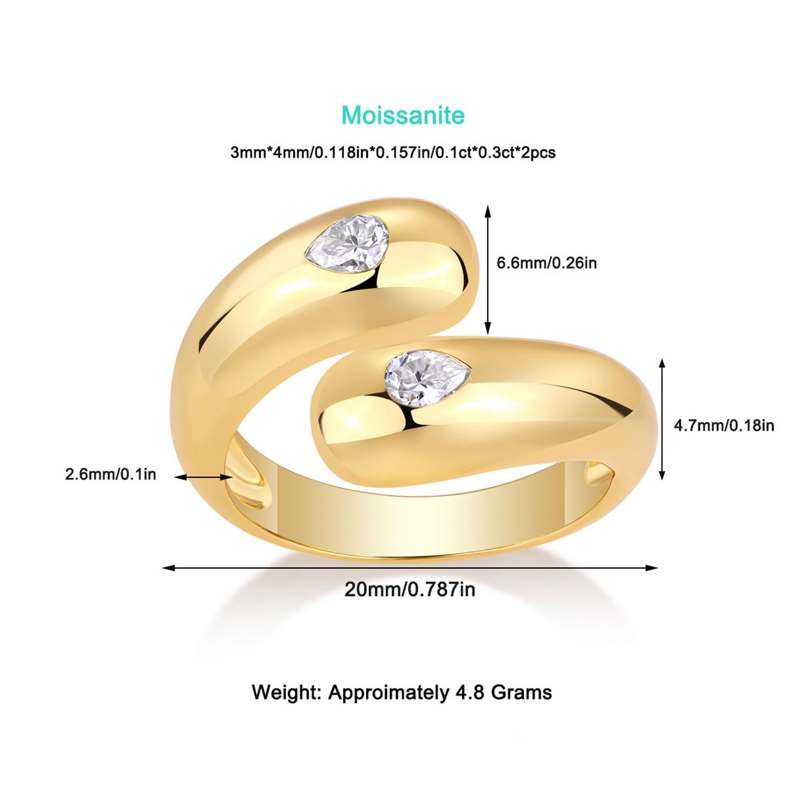 Anelli Donna Oro, Oro Giallo 9K/14K/18K Anello Aperto con moissanite a Forma di Pera da 3x4 mm