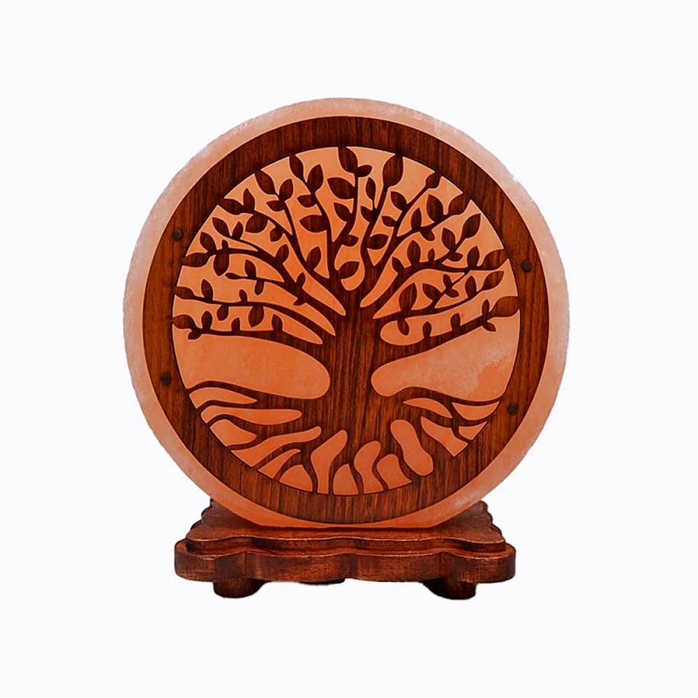 PLUS HOME Lámpara de Sal del Himalaya Natural 20 x 22 x 10 cm,100% Hecha a Mano con Propiedades Terapéuticas,Ayuda para dormir,Perfecto Para Decoracion Hogar.Bombilla Incluida.Árbol De Vida Raíces
