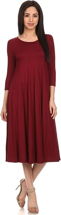 Solid Casual Basic Comfy 3/4 Sleeve Loose Fit A-line Midi Dress/Made in USA Burgundy M
