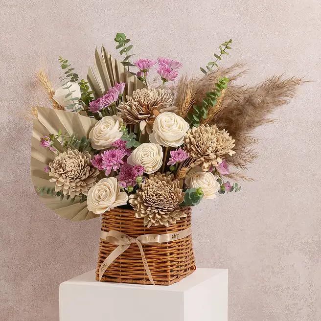 FNP Dried & Sola Flower Basket Arrangement with Pampas Grass | Wicker Basket 13x13cm, Golden Satin Ribbon, Palm Leaf & Wheat Filler, Pink Daisy & Eucalyptus, Natural Pampas Grass-image-23