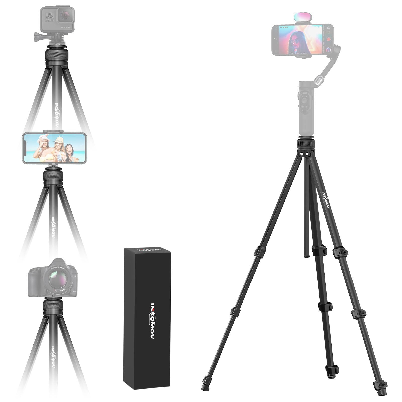INSOMOV 55inch Camera Tripod Aluminum Alloy Complete Stand for Gimbal Stabilizer, Camera&Phone Stand Travel Tripod 1.4m Adjustable Height, Lightweight(INSO-T3)