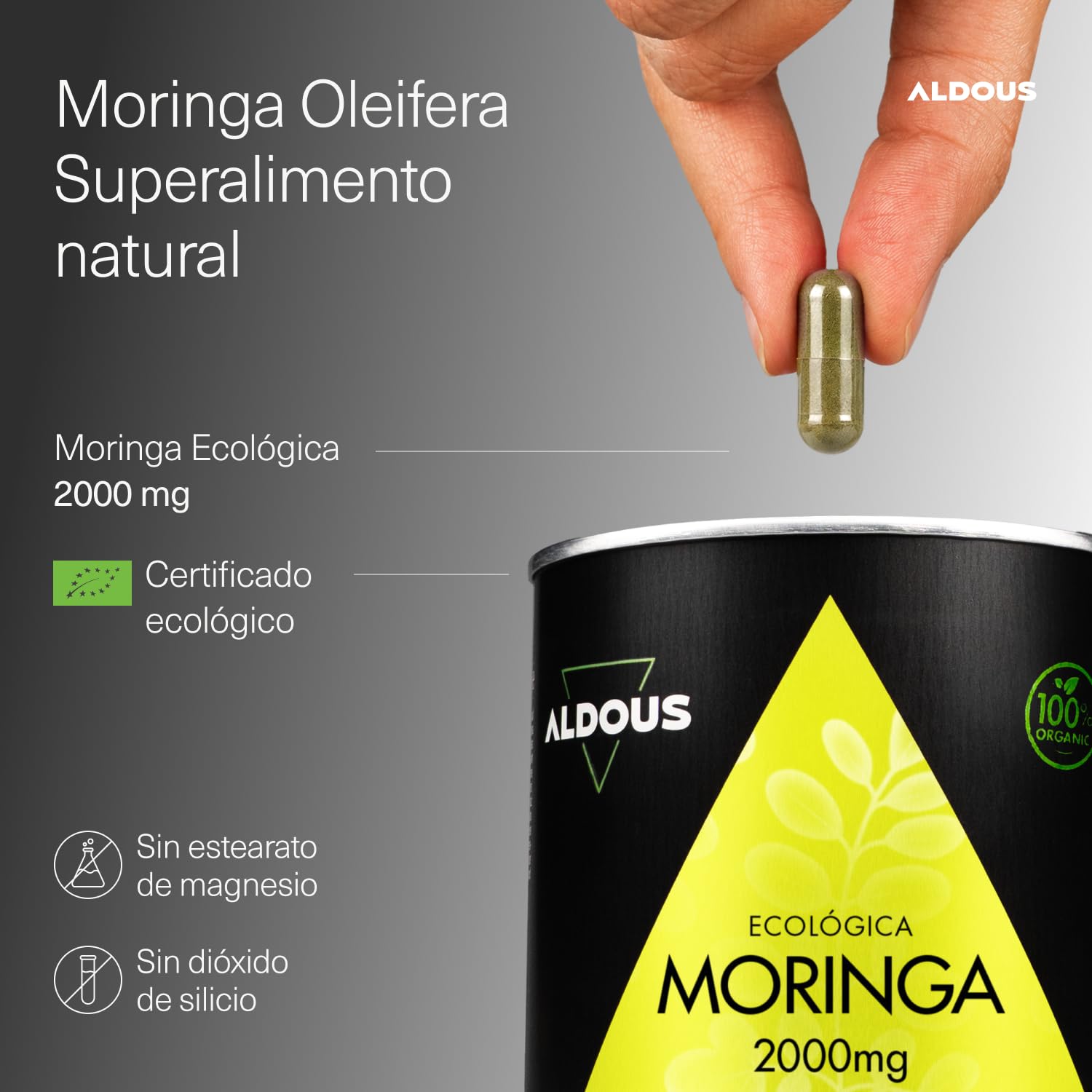 Moringa Capsulas Pura 2000mg - 300 Cápsulas - Superalimento Antioxidante Natural - Energía y Bienestar Diario - Moringa Natural con Certificado Ecológico - Sin Estearato de Magnesio - Aldous