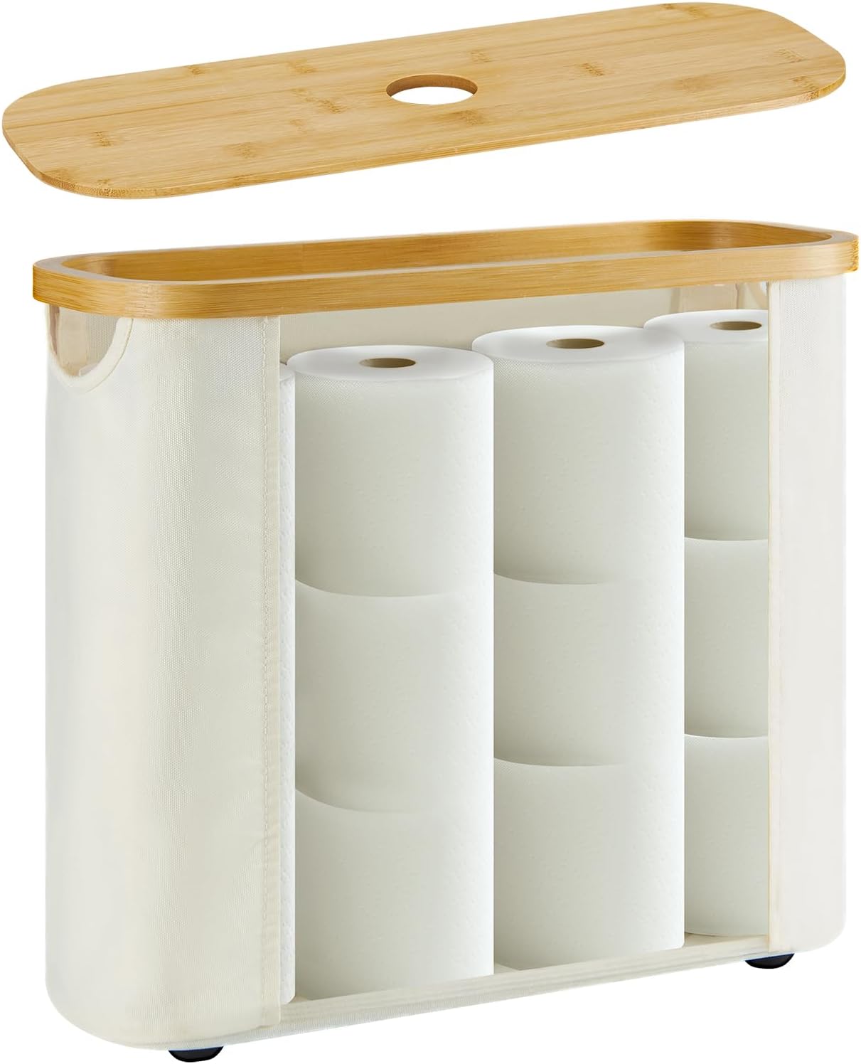 Sleek Toilet Paper Storage, 30L Beige Fabric Toilet Paper Storage with Bamboo Lid, Durable Lining Storage Basket for TP, Towels, or Bathroom Essentials
