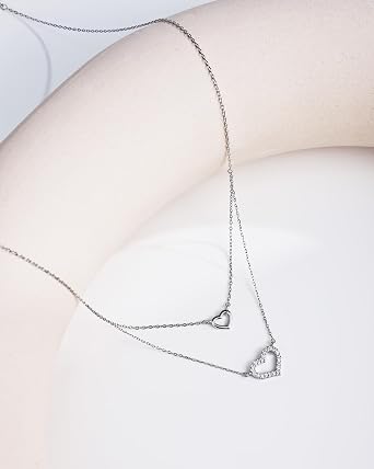 Sterling Silver Double Heart Necklace for Women, Dainty Two-Layer Chain Love Pendant Necklace with CZ, Cute Jewellery Gift for Teen Girls
