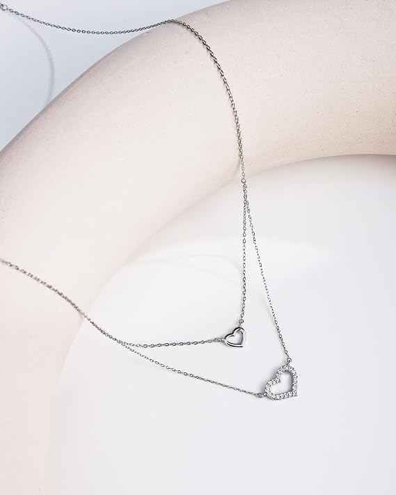 Sterling Silver Double Heart Necklace for Women, Dainty Two-Layer Chain Love Pendant Necklace with CZ, Cute Jewellery Gift for Teen Girls