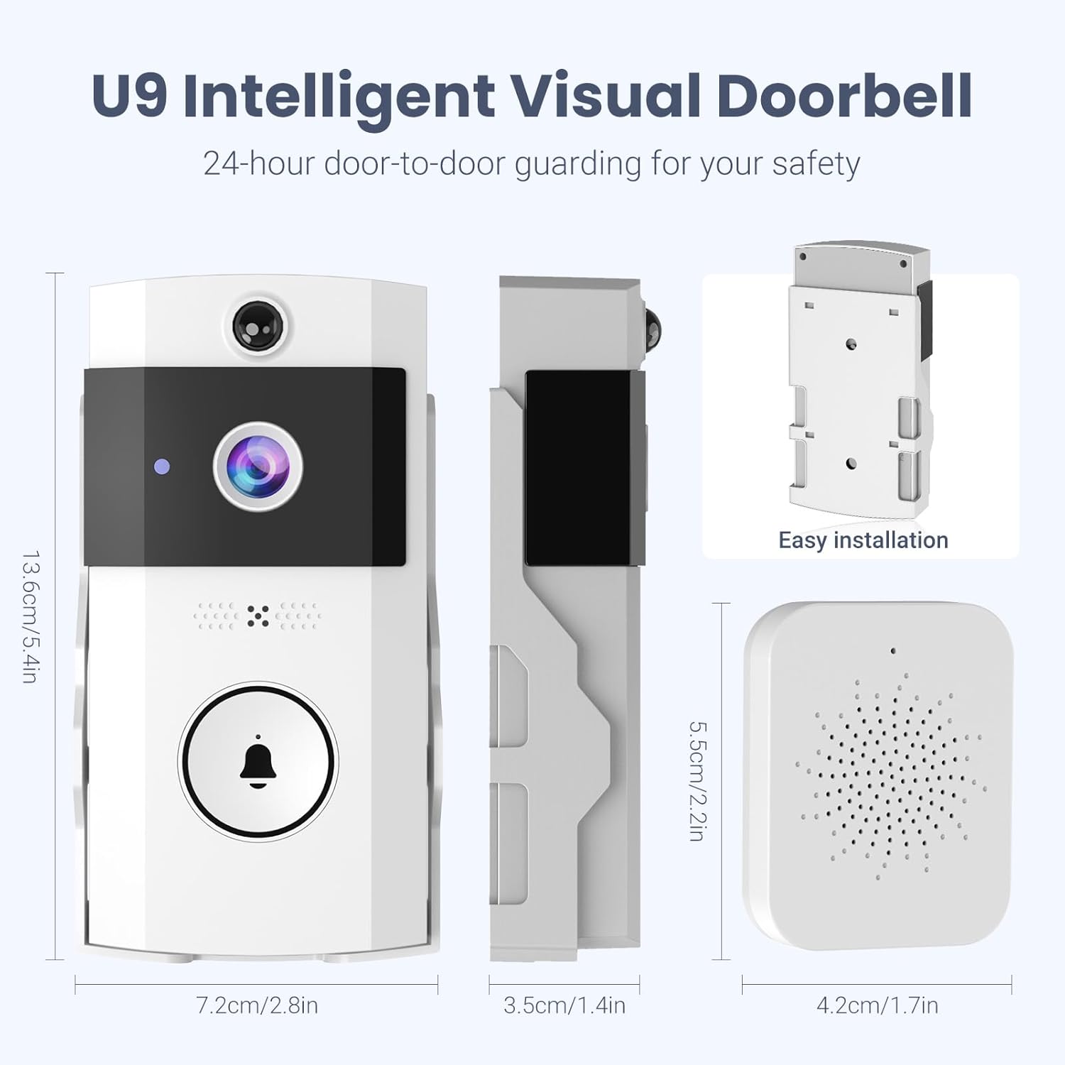 Wireless Wi-Fi Video Doorbell Camera with Two Way Audio，Outdoor Front Door Camera，Night Vision and Cloud Storage，2.4G Wi-Fi Video Doorbell with Chime，Easy Installation，for Home Security (White)