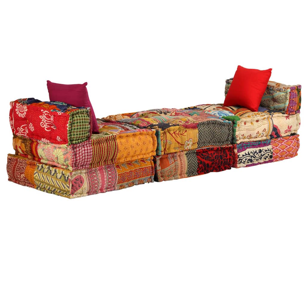3-osobowa modułowa pufa z patchworkowego materiału bawełnianego, 180 x 140 x 58 cm, z 3 poduszkami, wszechstronna jako sofa, łóżko, ławka do siedzenia, do salonu, ogrodu, na taras, wysoki