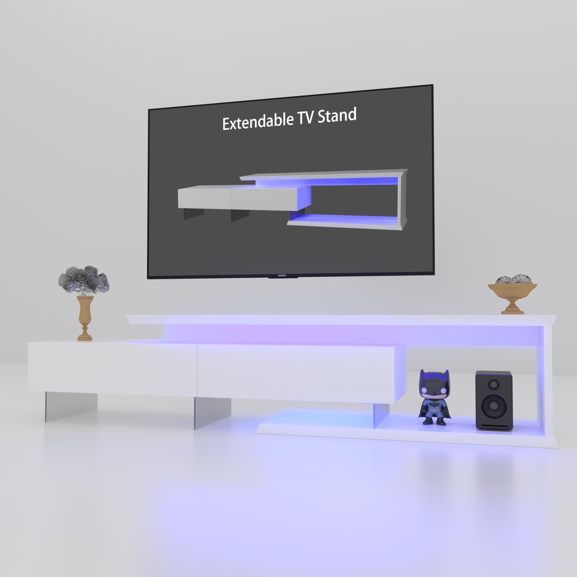 HOMBIX Extendable TV Stand for 55 65 75 85 Inch TV, Modern LED Entertainment Center Equipped with Two Pull-Down Door, 60 70 80 90 Inch TV Console TV