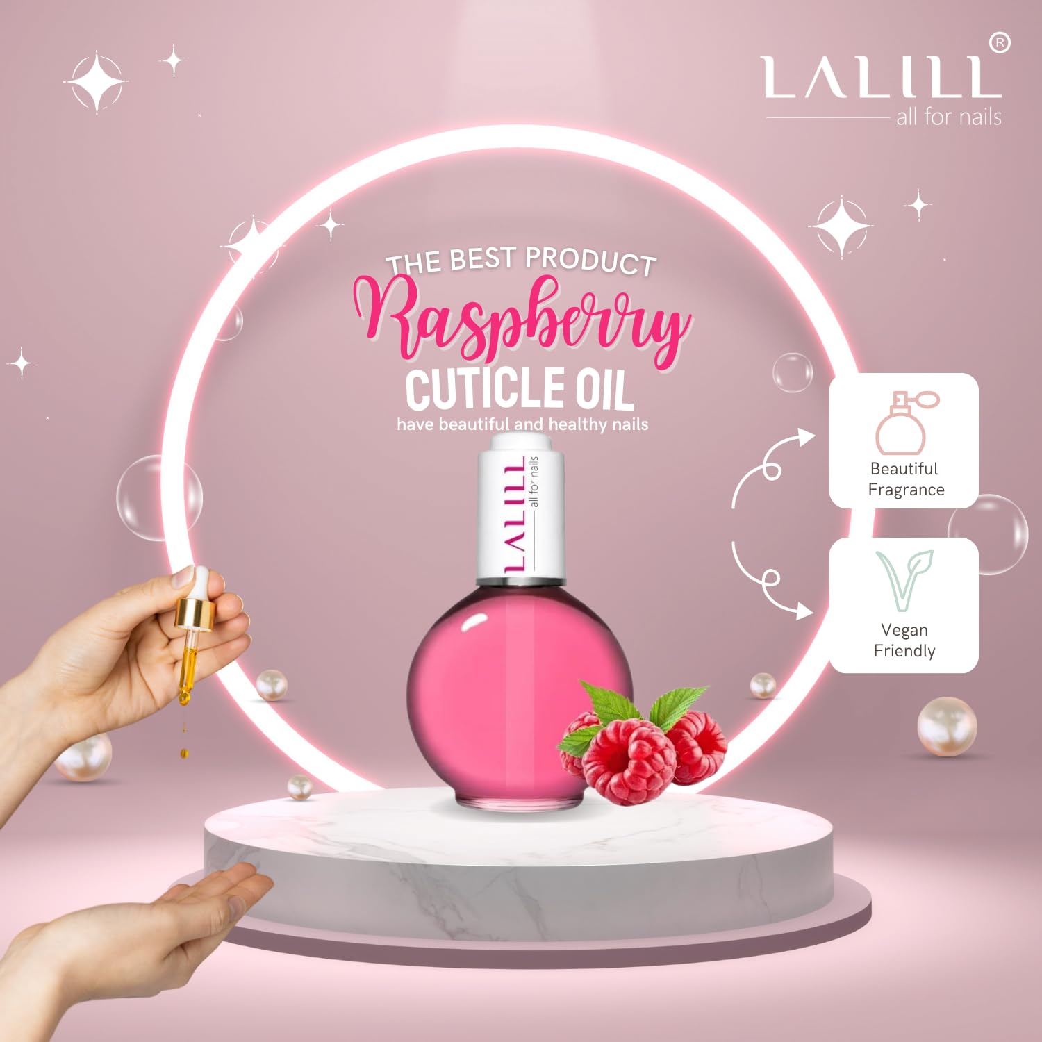 LALILL Olejek do skórek do paznokci 75 ml – malinowy olejek do pielęgnacji paznokci – pielęgnacja skórek paznokci – SPA manicure Nail design rąk – wegański – z pipetą