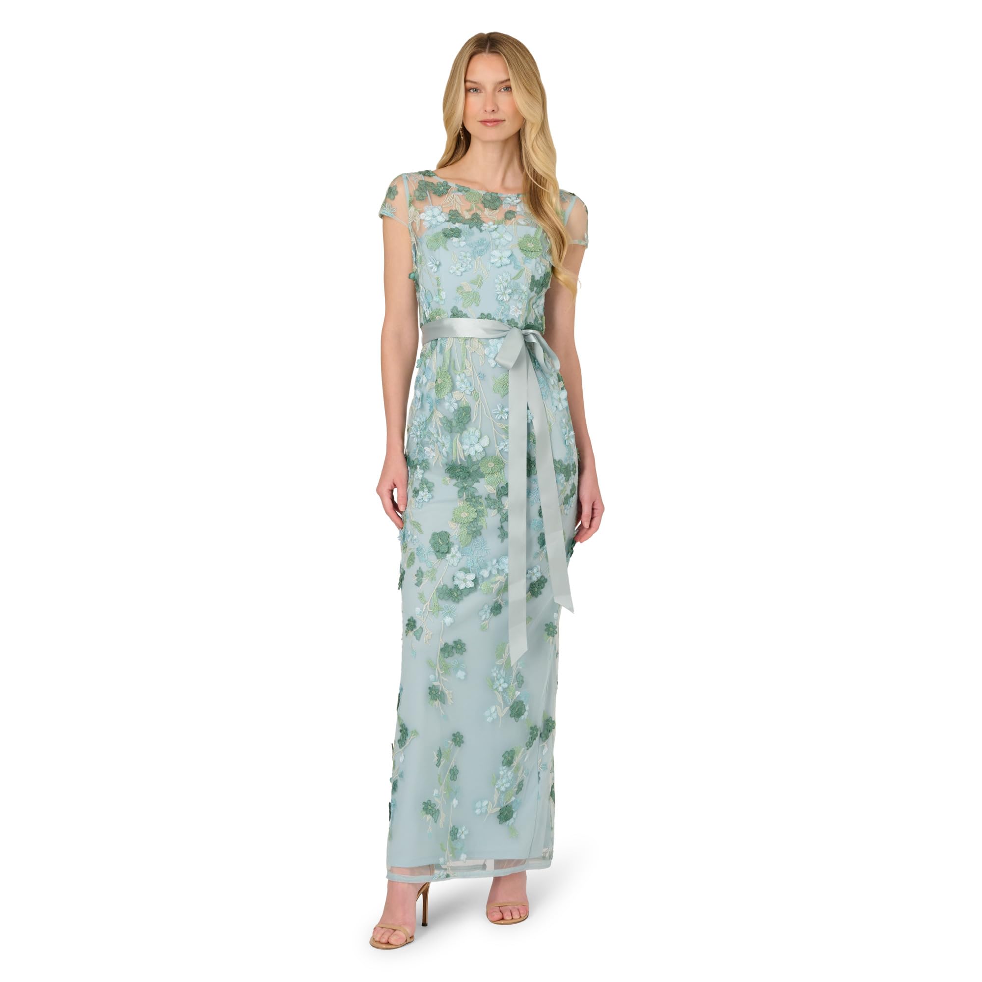 Adrianna Papell Short Sleeve Embroidery Gown, Sage, 16