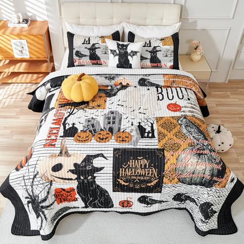 Cmfshape Halloween Quilt Set Bedspread Set,3 Piece Halloween Black Cat Pumpkin Spider Skull Themed Bedding Set King Size thumb #3