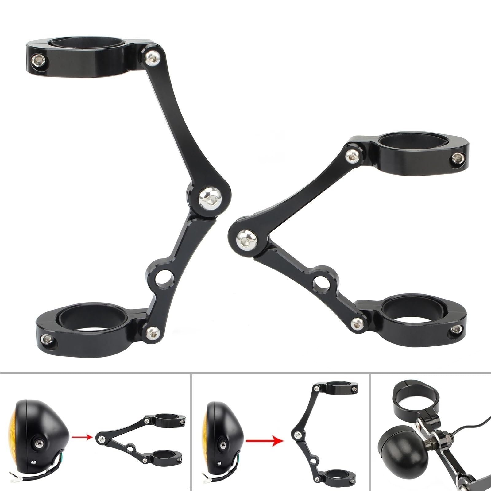 Staffe Supporto Faretti Supporto per faro da 33 mm a 58 mm, supporto per tubo forcella, supporto per luce, 54, 49, 45, 41, 37 mm, per moto, bobber, cafe racer, universale di Barra Luminosa(50-54mm)