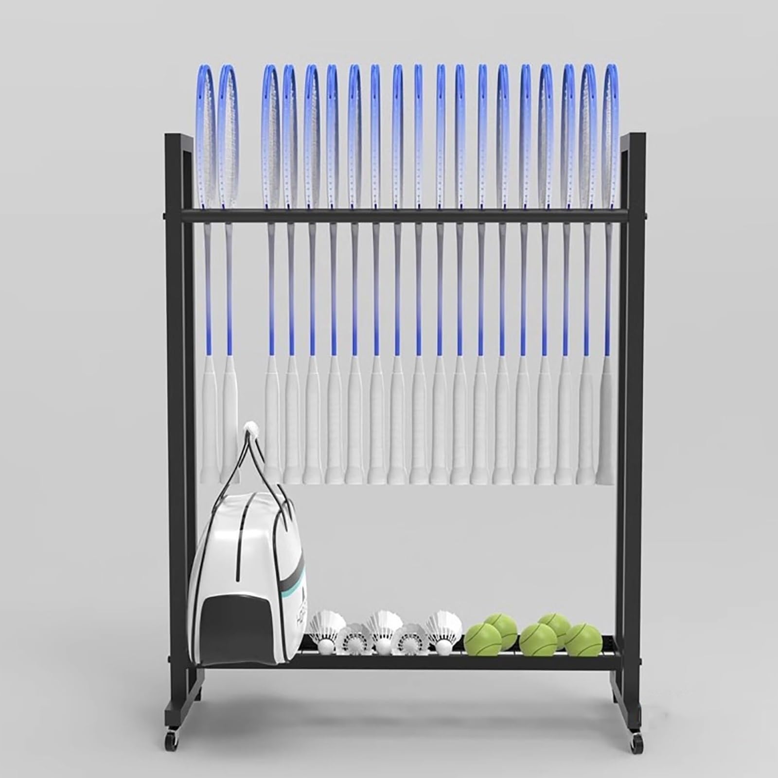 AEDNX Tennis Racket Garage Storage Carts with Wheels, Home Gym Badminton Racquet Set Holder, Sturdy Steel Commercial Racket Display Stand for Gym/School/Retail Store(4 Pack)