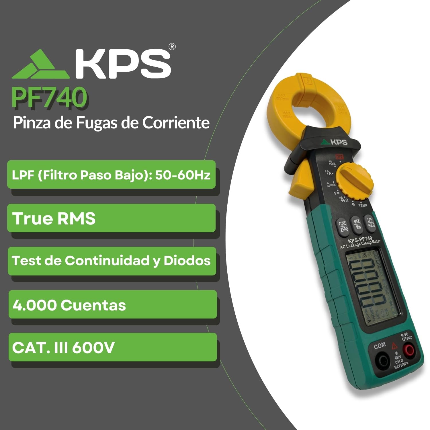 KPS-PF740 Pinza de fugas TRMS AC Max 150A, 4000 Cuentas,Tensión AC/DC 600V, Corriente AC 150A, Resistencia 40MΩ, Capacidad 40μF y Temperatura, Cat. III 600V
