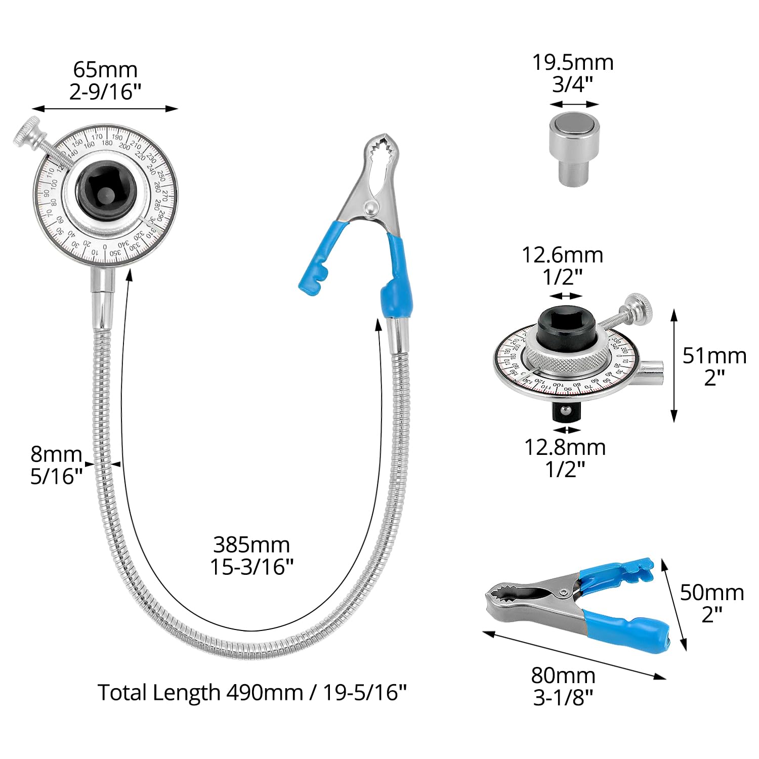 QWORK® 1/2" obrotowy miernik kątowy miernik kąta obrotu z ramieniem magnetycznym i ramieniem obrotowym
