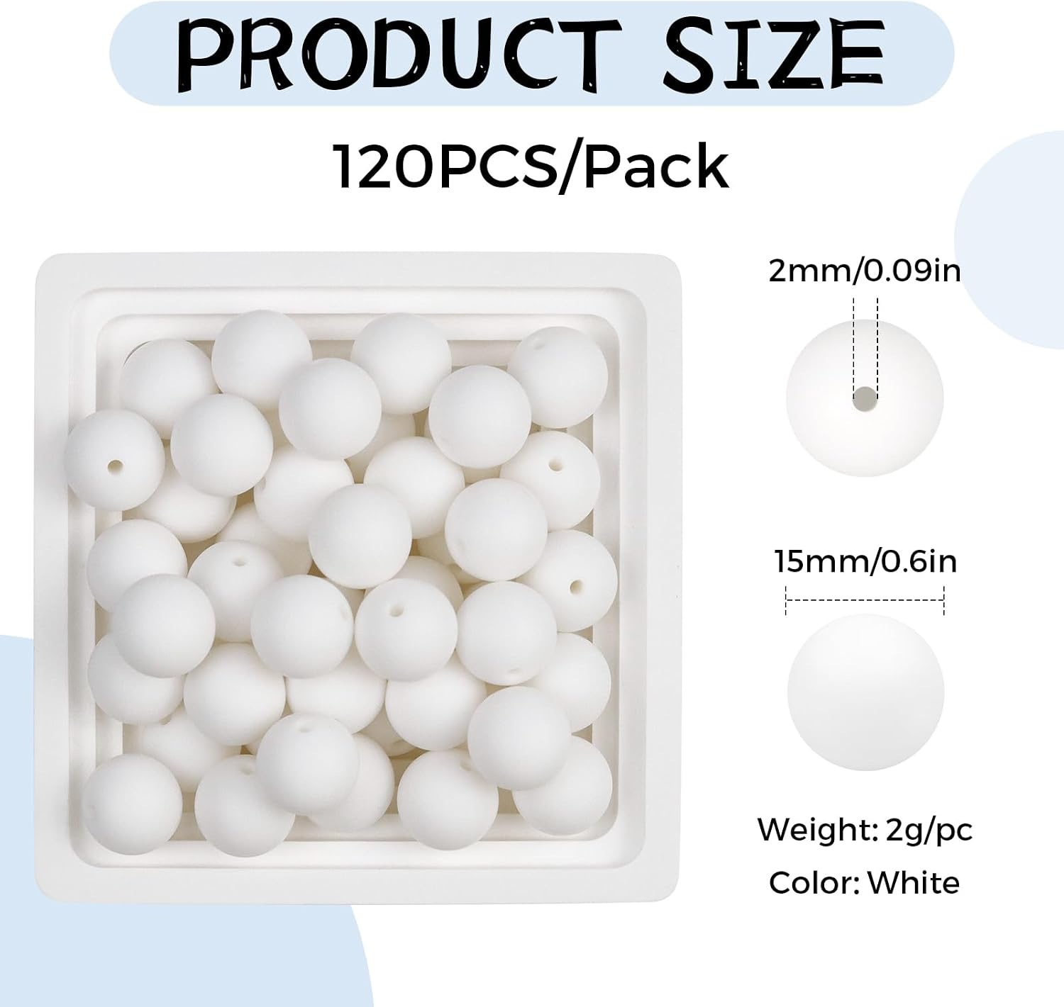 120PCS FIVEIZERO Silicone Beads, 15mm White Round Rubber Silicone Beads Bulk for Keychain Making, Bracelet Necklace DIY Crafts (White) | Round Rubber Focal Beads, Seamless Finish, Easy to String, Resistant to Wear, Flexible and Resilient, Ideal for Daily Use