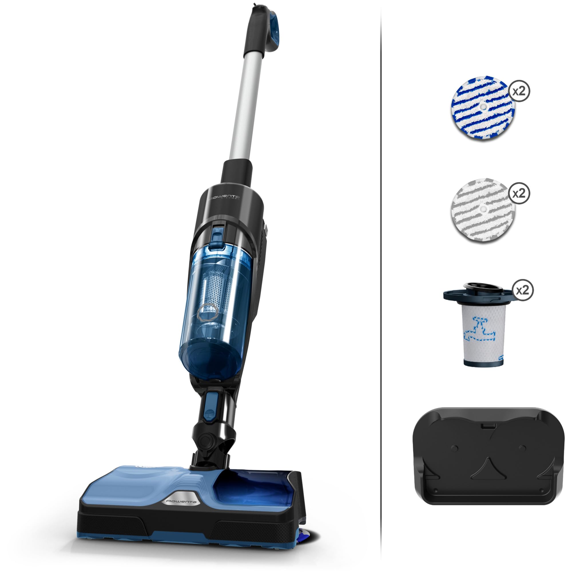 Rowenta X-Combo 2-in-1 Hybrid-Reiniger, Saugen und rotierendes Wischen gleichzeitig, 60 min. Autonomie, Ultra-leichtes Design, 3 Programme, einfacher freihändiger Moppwechsel, Blau-Schwarz, GZ3038