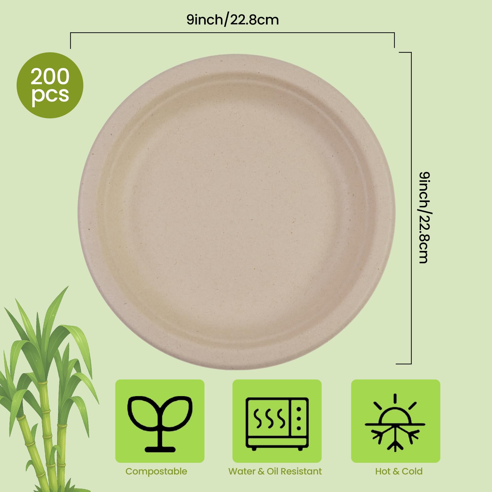200 platos de papel, 22,9 cm, biodegradables, biodegradables y compostables, respetuosos con el medio ambiente, duraderos, reciclables, perfectos para picnics, barbacoas