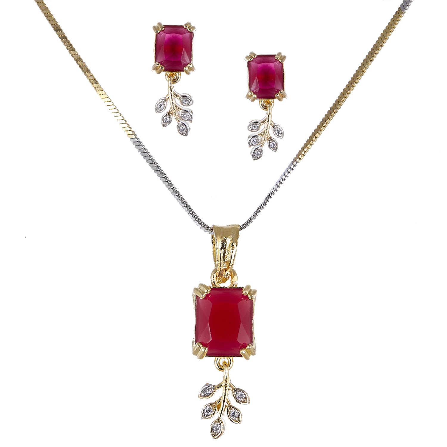ZENEME Pendant Gold Plated Emerald Shaped Red CZ Stone Drop Leaf Big Size Pendant Necklace Set With Earring Jewellery For Girl & Women (B07NKHLHMW) Amazon Price History, Amazon Price Tracker