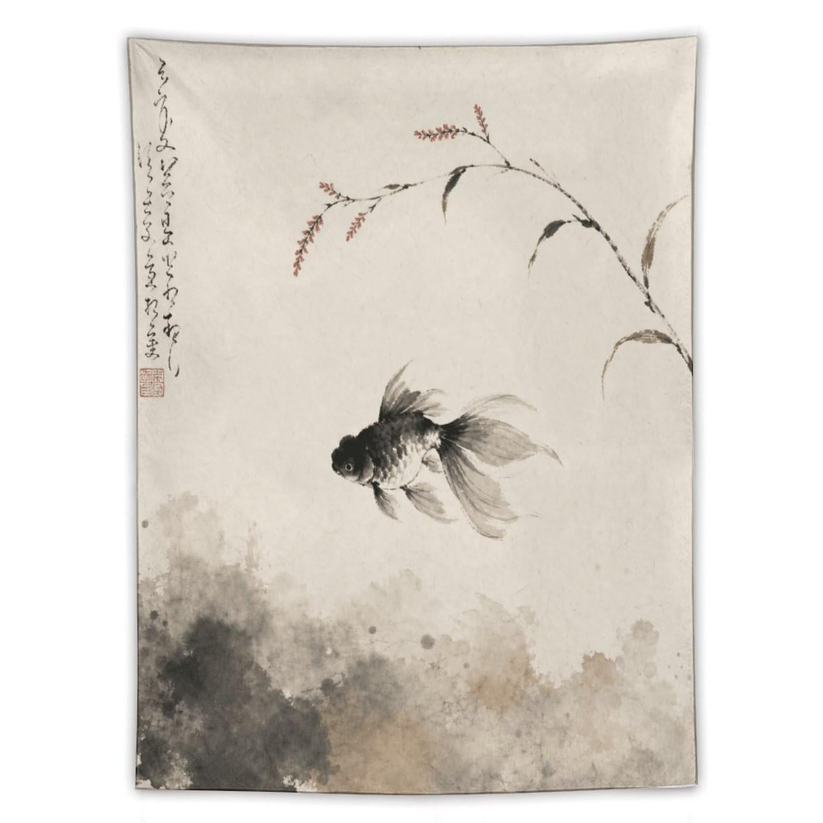W7C8U2X3 Black Goldfish Wall Tapestry, Asian Ink Style, Ceiling Hanging
