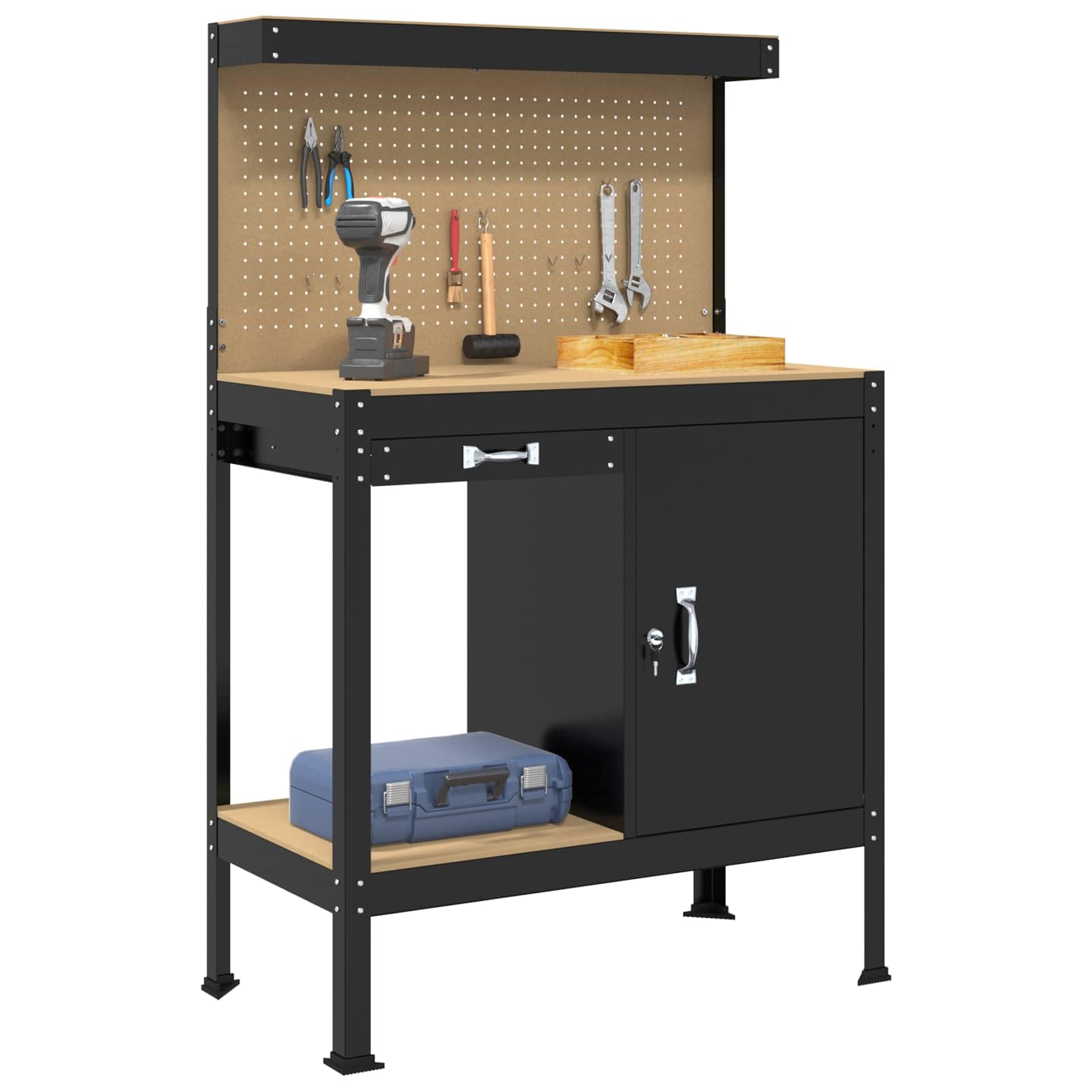 Banco da lavoro nero, 90 x 49 x 141 cm, in compensato e metallo, con cassetto, parete forata, ripiano, sistema di organizzazione stabile per officina, garage, sala hobby, fai da te, spazio per