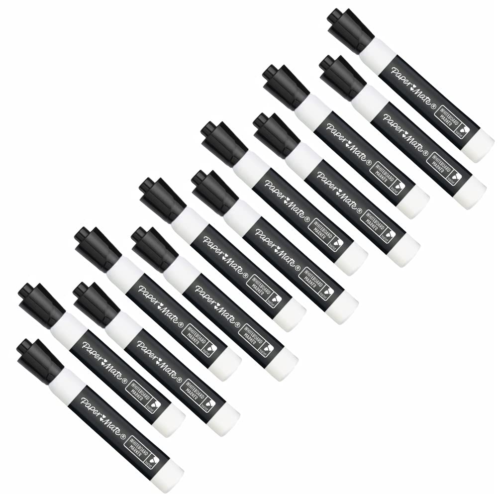 12 x Paper Mate Dry Wipe Marker Pens | Bold, Bullet Tip Felt Nib | Perfect for Writing on Whiteboards & for use at Home, School or Office | Black Colour Ink | Loose in Plain Packaging