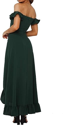 Miniatura 3 de R.Vivimos Vestido largo de algodón de verano para mujer, con hombros descubiertos y volantes, fruncido, con abertura