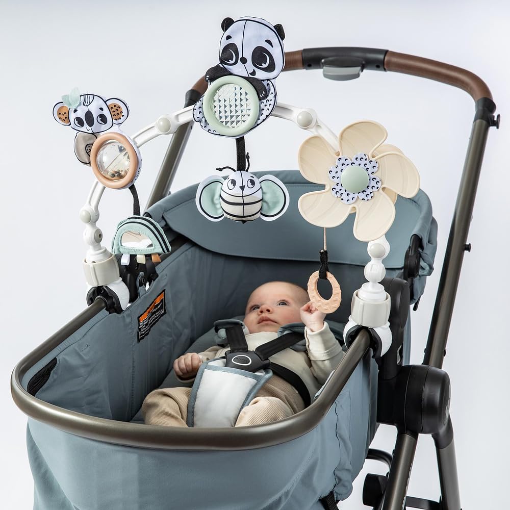 Tiny Love Arche de Promenade ensoleillée, Arche d’éveil réglable pour bébé, Ventilateur activé par bébé, Miroir Facile à Tirer, Balle à hochet, Prisme Solaire Transparent, Black & White Décor