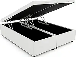 Cama Box Baú Queen Bipartido 79, Blindado, Pistão á Gás, Pés de Madeira (Corino, Branco)