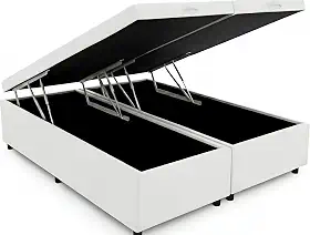 Cama Box Baú Queen Bipartido 79, Blindado, Pistão á Gás, Pés de Madeira (Corino, Branco)