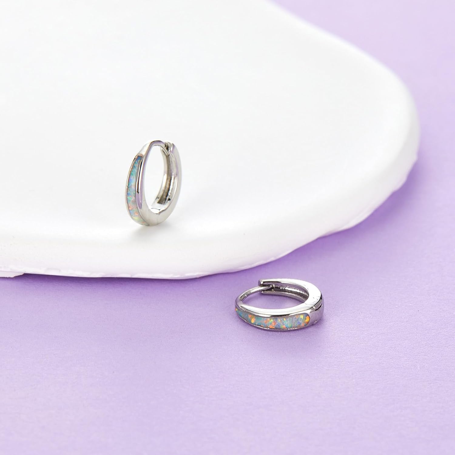 Opal Huggie Earrings for Women Trendy 14k Gold Plated Huggie Hoop Earrings Small Silver Earring Opal Jewelry Birthday Gifts for Women Mom Her - Image 4