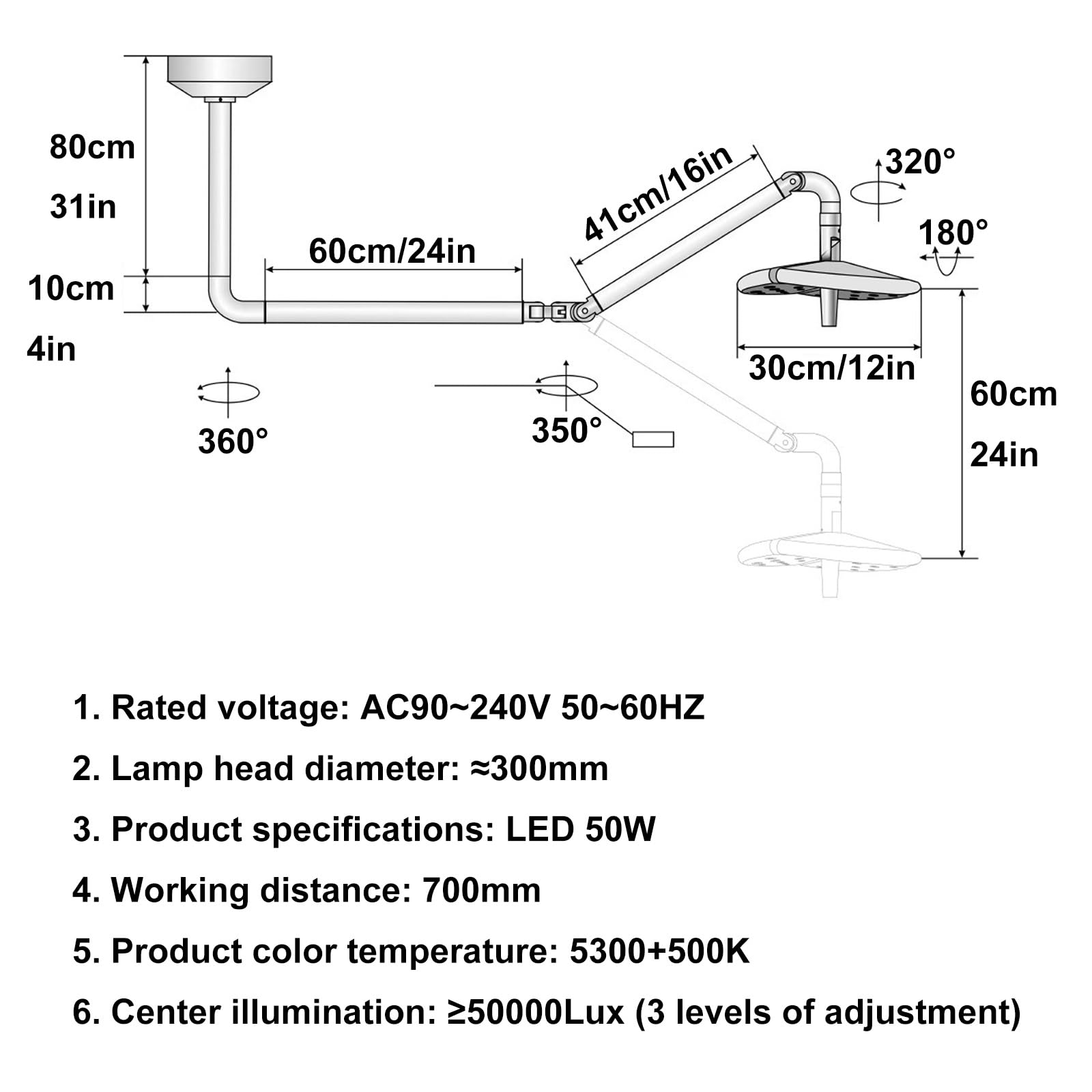 50 W 27 Otworów LED Bezcieniowa Lampa Egzaminacyjna, Sufitowa Lampa Medyczna do Badań, Światło Chirurgiczne, Regulowana Jasność, Lampa Stomatologiczna do Jamy Ustnej, Zimne Światło do Badań