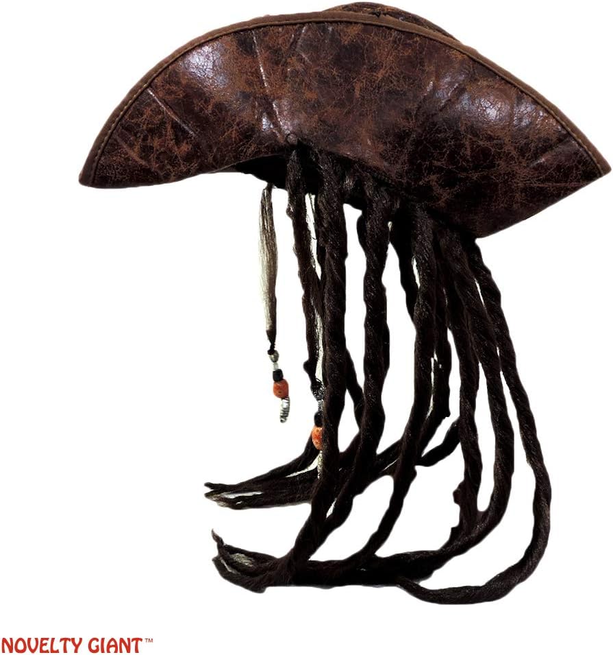 Distressed Brown Caribbean Pirate Costume Tri-Corn Hat Adult with Dreadlocks & Eye Patch - Image 3