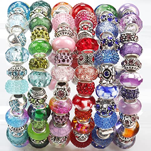 60 Pieces European Large Hole Spacer Beads Assortments Charm Beads Rhinestone Lampwork Beads Supplies for Necklace Bracelets Jewelry Making (Light Blue)