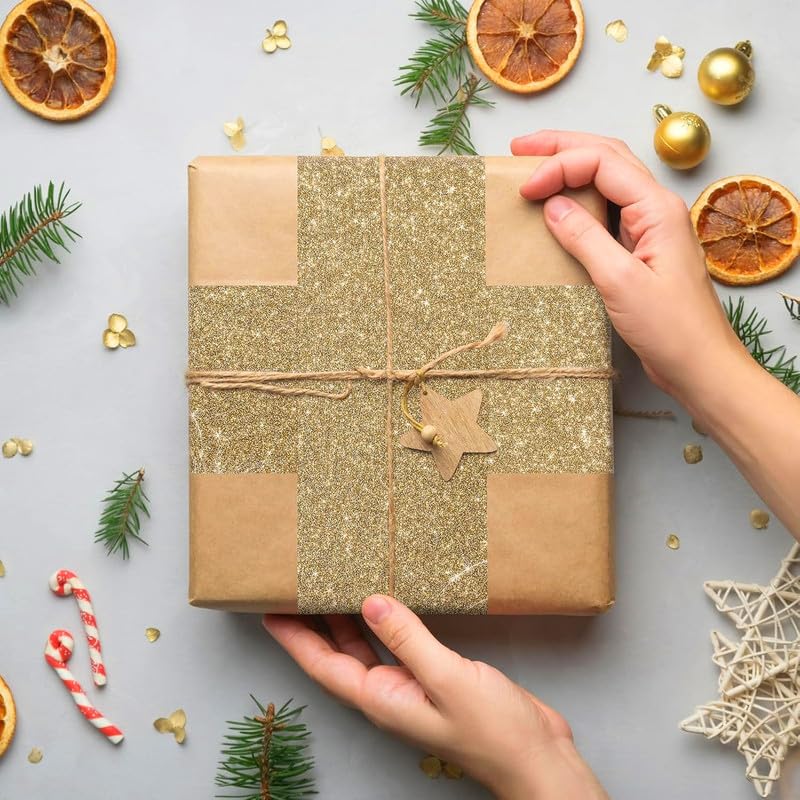 Image of Champagne Golden Glitter Wallpaper Border Peel and Stick Glitter Contact Paper Self Adhesive Removable Sparkle Wallpaper Sticker for Cabinets DIY Crafts Mirror Border 8x180 Inch