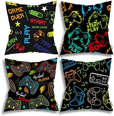 Ansoela Set of 4 Gaming Pillow Cover 18 X 18 Inch Game Controller Throw Pillows Gamer Gifts Cushion Cover Black Gamer Decor for Boys Room Bedroom Sofa Couch Decorative Pillows