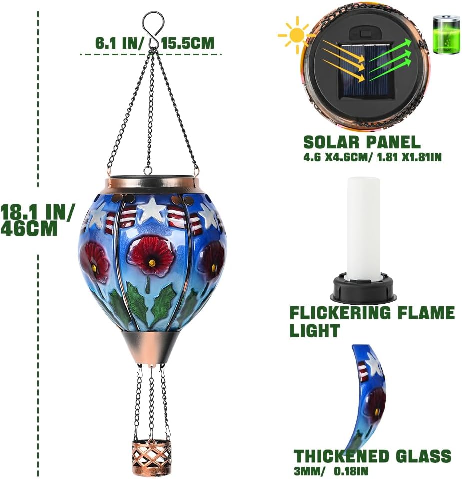 Hot Air Balloon Solar Lantern - Poppy Flower Patriotic Glass Lantern, Simulated Flickering Dancing Flame, Outdoor Hanging Yard Light Waterproof IP65, Ideal 4th of July Gift for Patriot Patio Decor