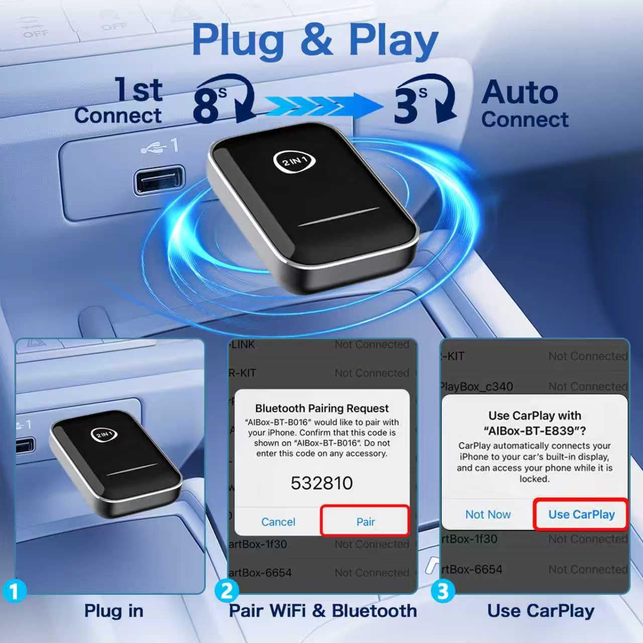 Bezprzewodowy adapter Bluetooth CarPlay do iPhone'a i Android Auto, konwertuje przewodowy na bezprzewodowy, Plug & Play CarPlay Dongle z USB i USB-C/Type-C - kompatybilny z modelami iOS 10+ i
