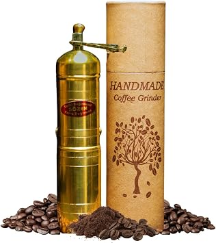 Sozen 7" Manual Coffee Grinder Brass Hand Crank Burr Mill for Turkish Coffee, French Press, Espresso, Camping & Home Use Portable Coffee Bean Grinder, Adjustable Conical Grinder