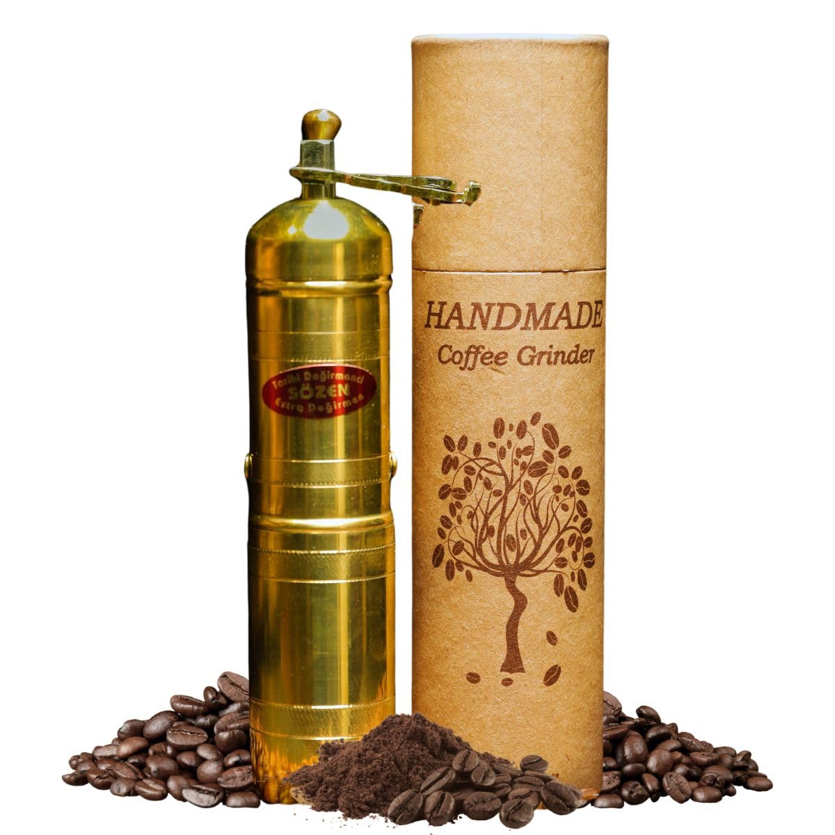 Sozen 7" Manual Coffee Grinder Brass – Hand Crank Burr Mill for Turkish Coffee, French Press, Espresso, Camping & Home Use – Portable Coffee Bean Grinder, Adjustable Conical Grinder