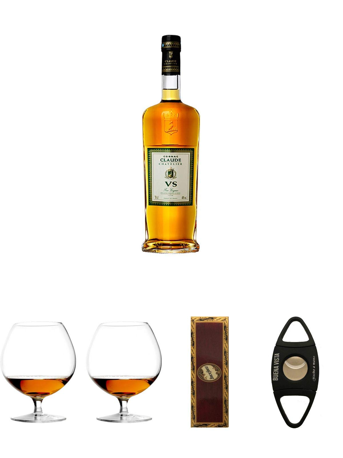 Claude Chatelier Cognac VS 0,7 Liter + Cognacglas/Schwenker Stölzle 1 Stück - 103/18 + Cognacglas/Schwenker Stölzle 1 Stück - 103/18 + BrickHouse Streichhölzer + Buena Vista Zigarrencutter
