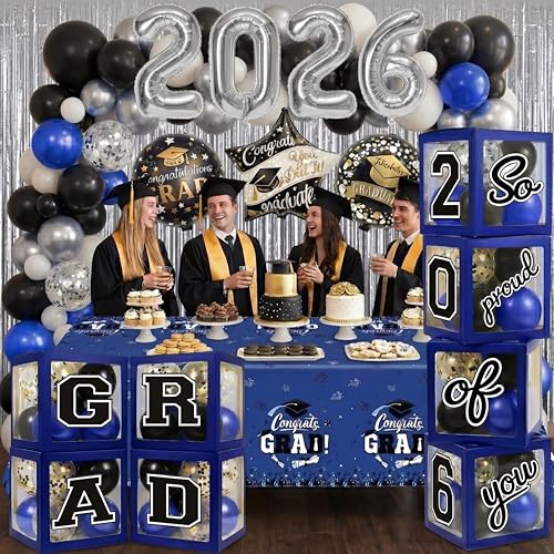 Image of Blue and Silver Graduation Decorations Class of 2026 - Graduation Balloon Boxes, Balloon Arch Garland Kit, Fringe Curtains, Party Decorations 2026 for Any Grades