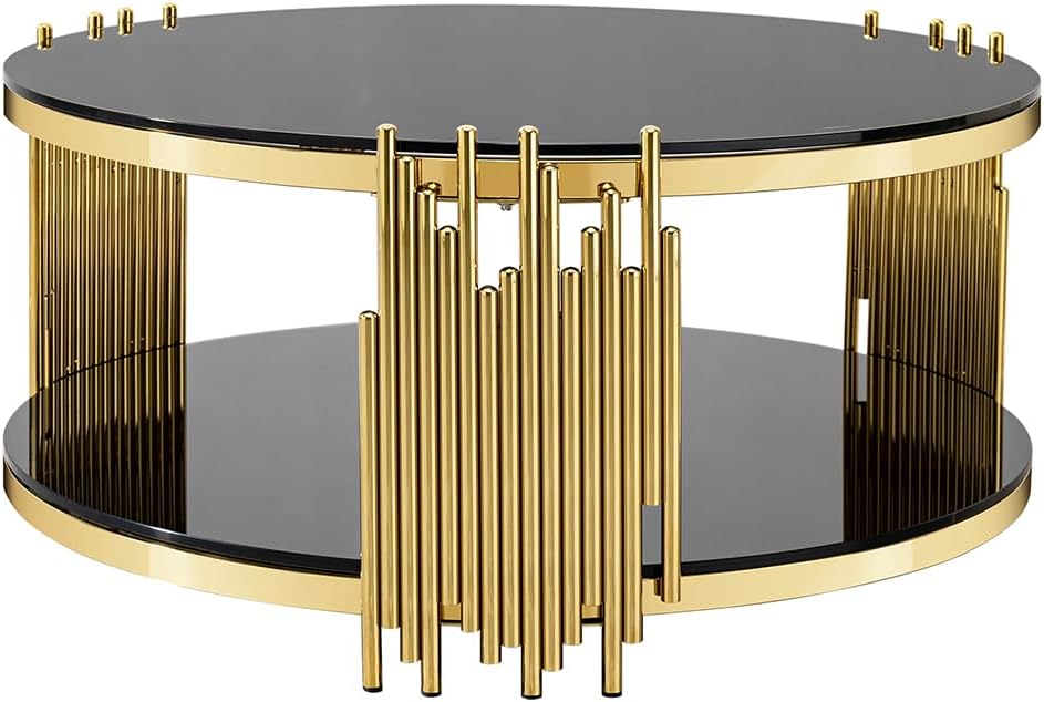 Black Glass Coffee Table, 2-Tier Round Tempered Glass with Gold Stainless Steel Frame, Modern Luxury Coffee Table for Living Room, Office, or Café