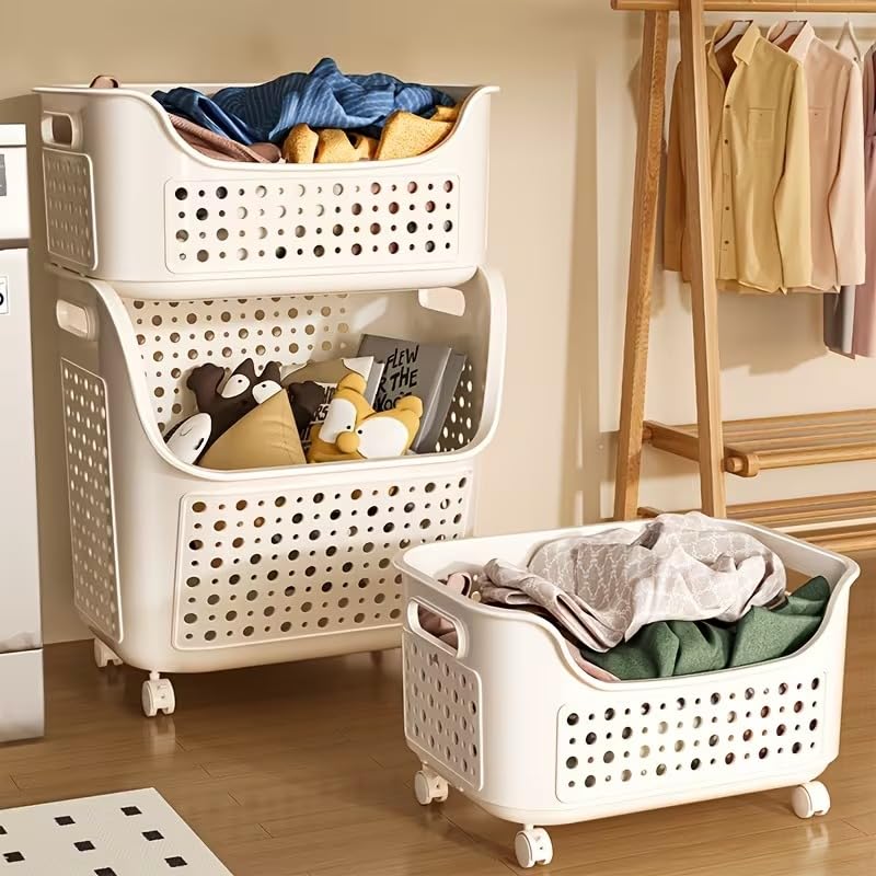 Laundry Basket with Wheels, Large Stackable Rolling Storage Bin, Ventilated Plastic Clothes Hamper for Laundry, Toys, Bedroom & Bathroom Organization. (White) (White)-image-11