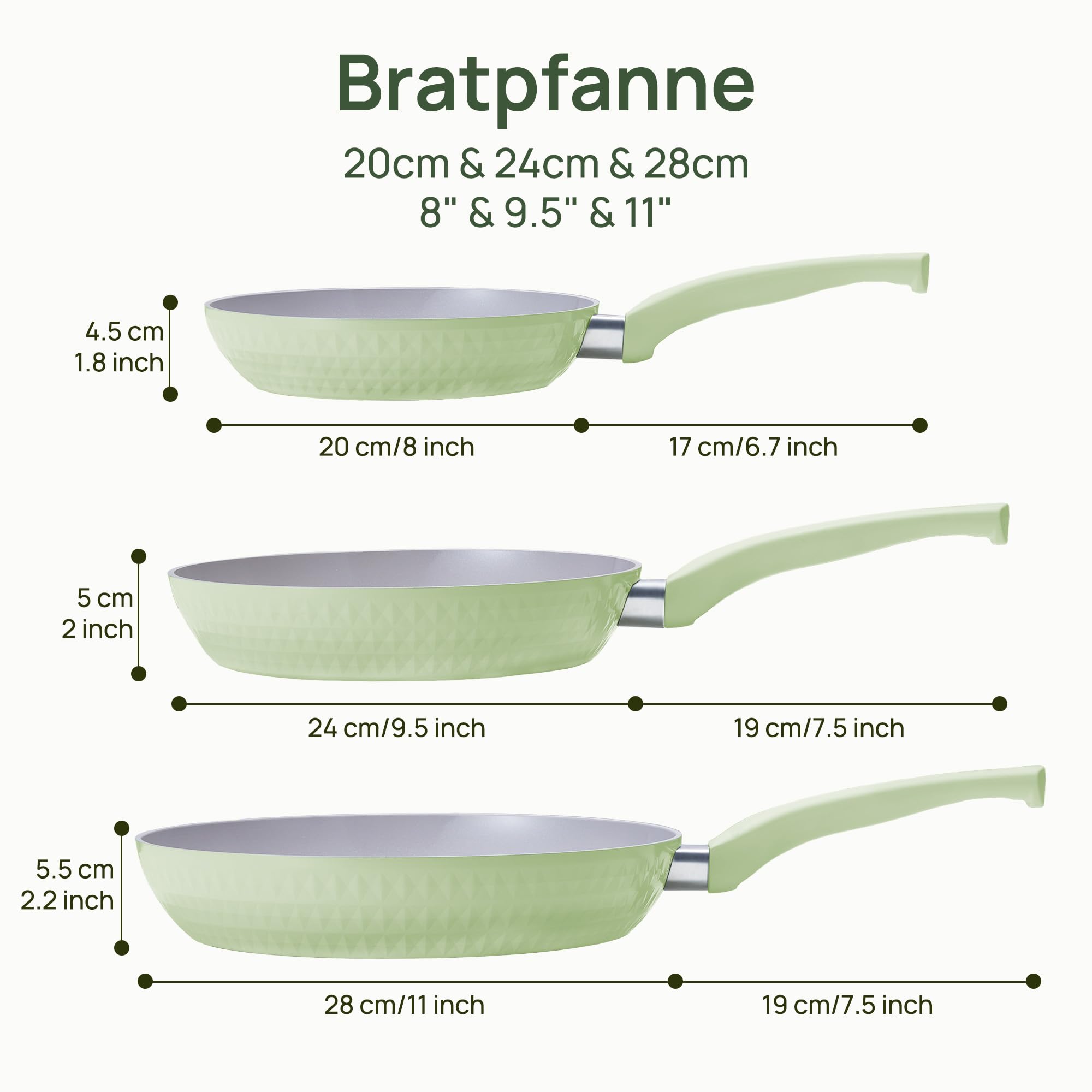 KOKHUB Pfannenset Antihaft Keramikpfanne, 20/24/28 cm Bratpfanne