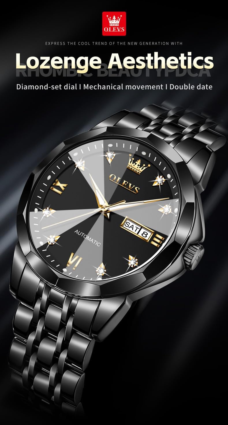 OLEVS Watch for Men Automatic Classic Mechanical Watch Diamond Mirror Stainless Steel Dress Casual Waterproof Day/Date Calendar - Image 5
